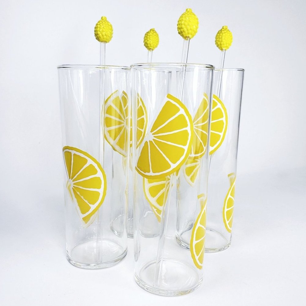 8 Vintage Libbey Lemon Wedge Slice Tall Federal Bar Glass Set & Swizzle Sticks